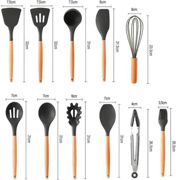 Conjunto de 12 peças de utensílios de cozinha, colheres, espátula de silicone, cabo de madeira, várias cores - Image 4