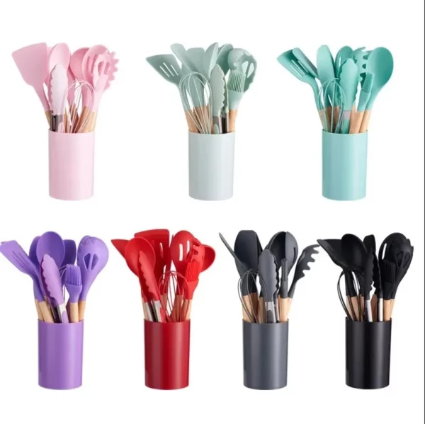 Conjunto de 12 peças de utensílios de cozinha, colheres, espátula de silicone, cabo de madeira, várias cores - Image 2