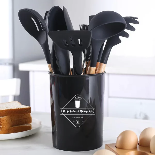 Conjunto de 12 peças de utensílios de cozinha, colheres, espátula de silicone, cabo de madeira, várias cores