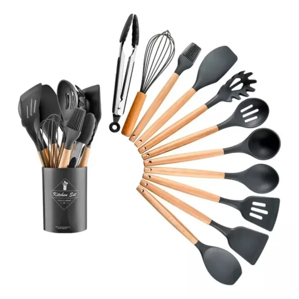 Conjunto de 12 peças de utensílios de cozinha, colheres, espátula de silicone, cabo de madeira, várias cores - Image 3